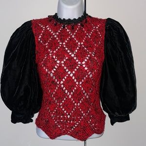 Vintage Fiddlestix New York Christmas red knit top balloon puffy velvet sleeves